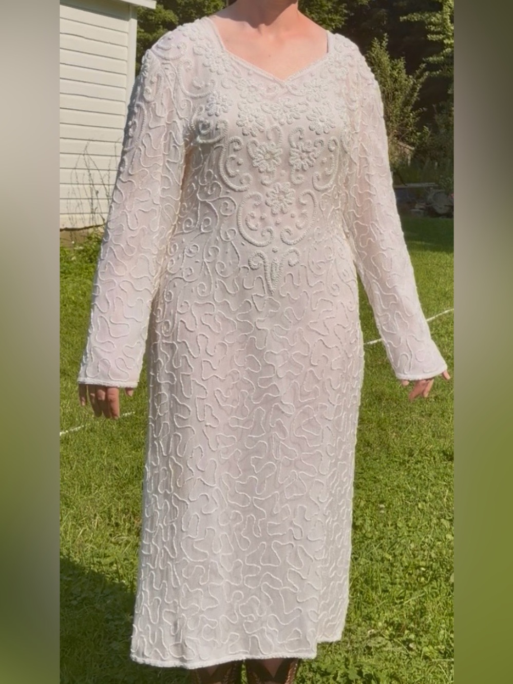 Ivory Long-Sleeve Beaded Maxi Dress